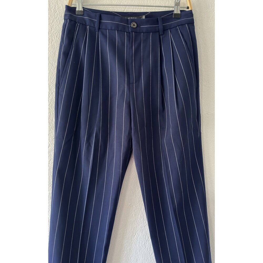 Lauren Ralph Lauren Black Label Pleated Navy Pinstripe Cuffed High Waist Sz 4 - Picture 2 of 14